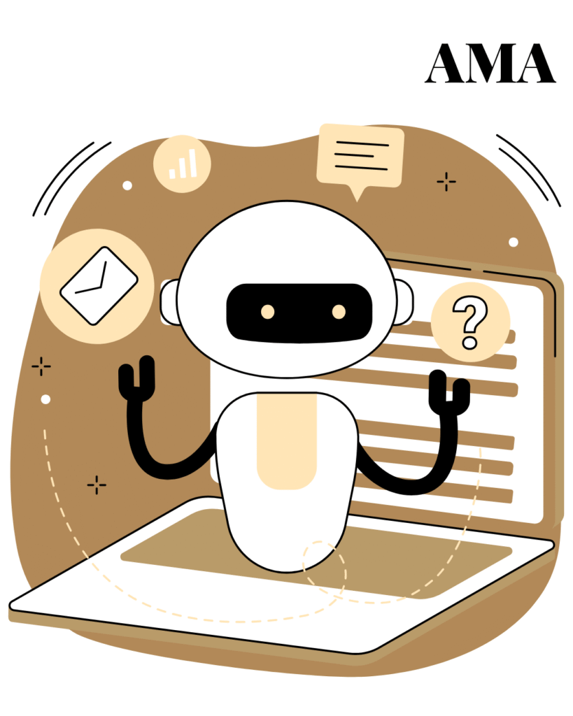 AI chatbot sitting on a laptop with floating icons for data, chat, and time, representing AI-driven content automation