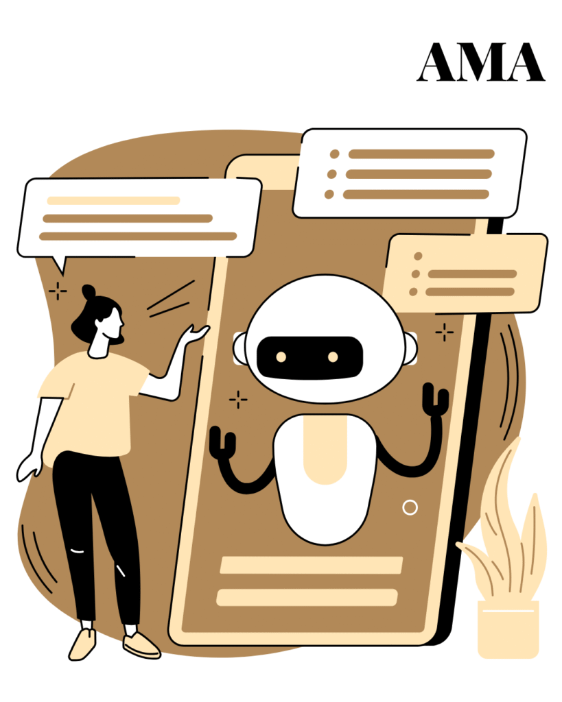 Woman interacting with a chatbot displayed on a giant smartphone, surrounded by message bubbles, illustrating conversational AI in marketing