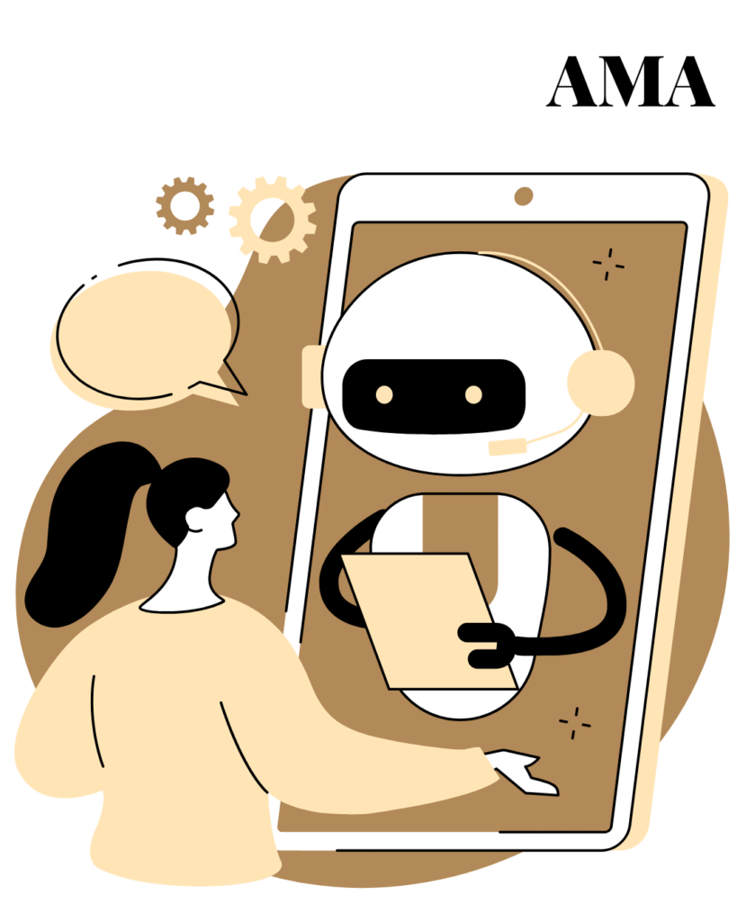 Female professional engaging with a headset-wearing AI robot on a tablet screen, symbolising AI collaboration and content strategy