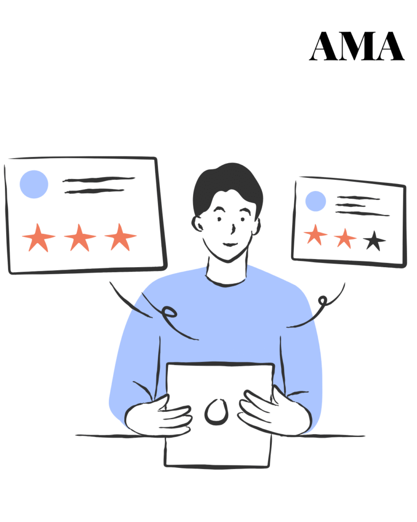Man holding a tablet with floating review cards displaying star ratings, symbolising customer feedback and online reputation.