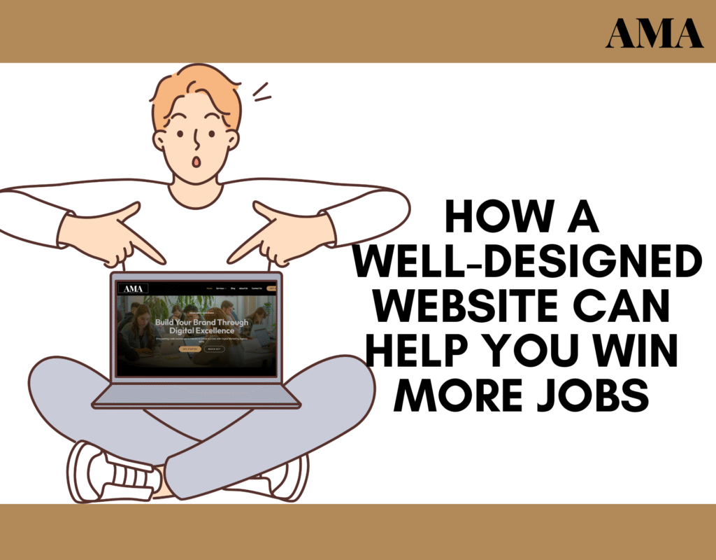 Excited person pointing at a laptop displaying a professional website, with the headline 'How a Well-Designed Website Can Help You Win More Jobs